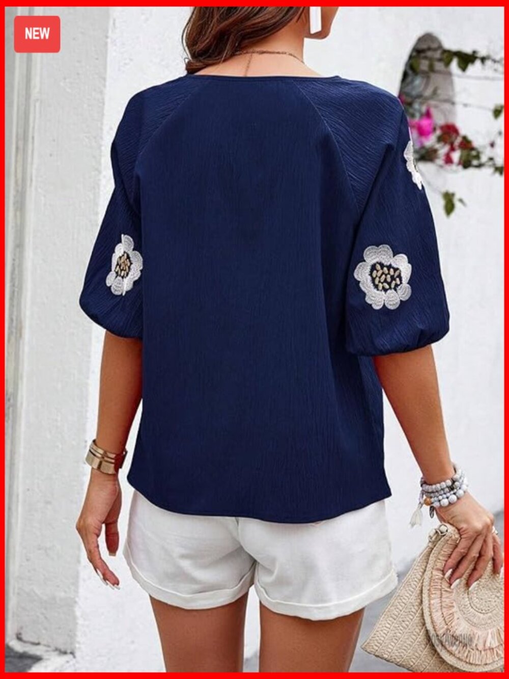 Floral Embroidered Peasant Blouse V Neck Puff Sleeve Boho Top - Picture 3 of 5